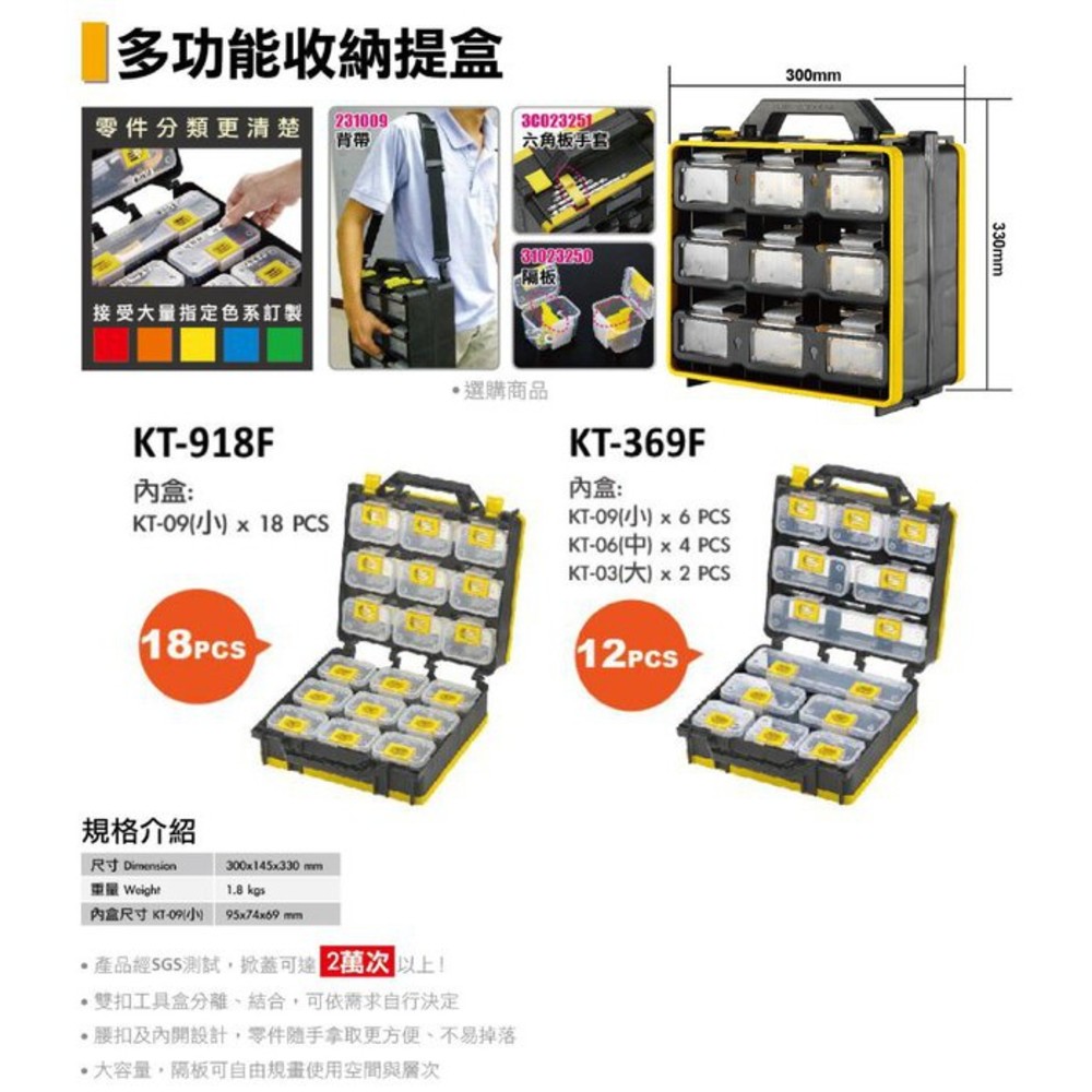 台灣製 KT-918FC 附背帶 工具箱 收納盒 藥盒 專業級零件收納盒 內盒18個  零件收納盒 KT-918 圖片