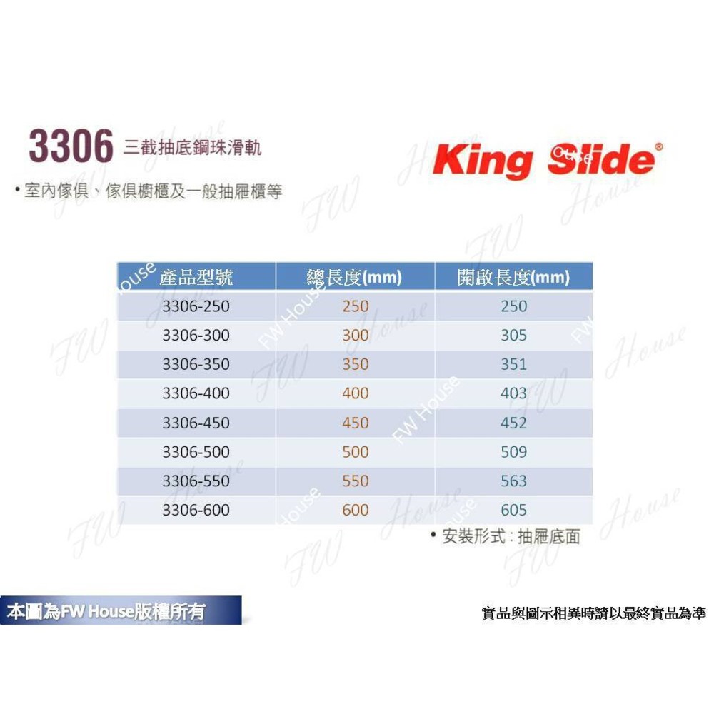 川湖 King Slide 3306 三截抽底鋼珠滑軌 (附螺絲) 台灣製-thumb