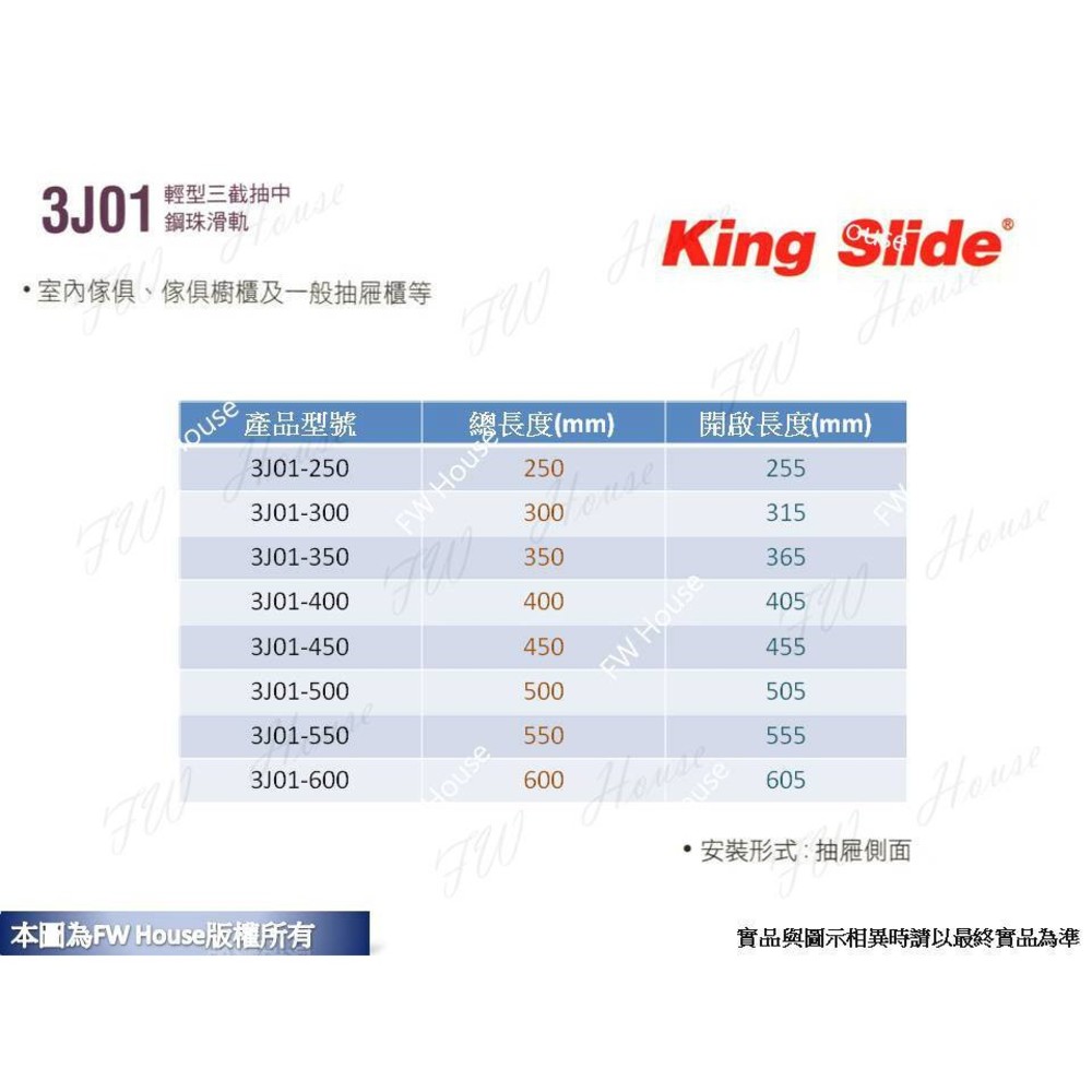 川湖 King Slide 3J01 輕型 三截 窄版抽中 鋼珠滑軌 3301 3M52 3306 圖片