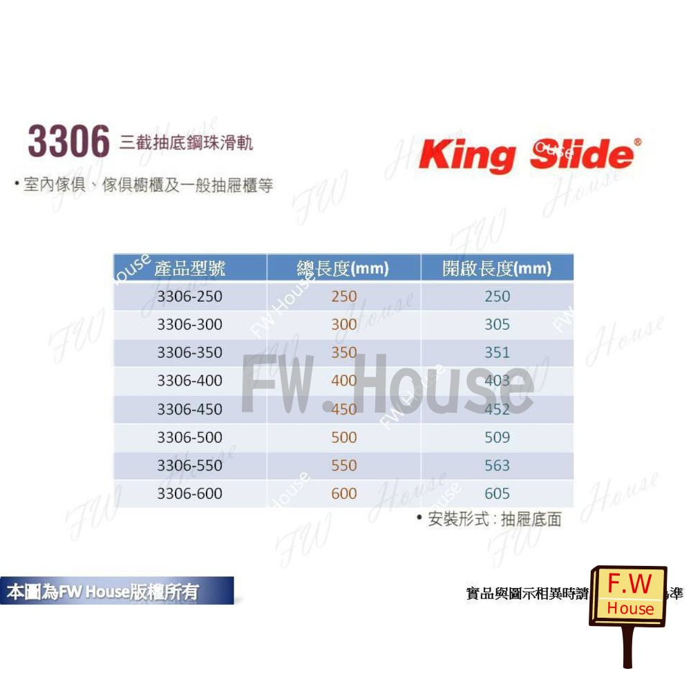川湖 King Slide 3306 三截抽底鋼珠滑軌 (附螺絲) 台灣製 櫥櫃 鋼珠滑軌-圖片-1